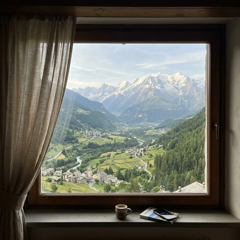 Vista mozzafiato dalle Alpi attraverso la finestra della camera