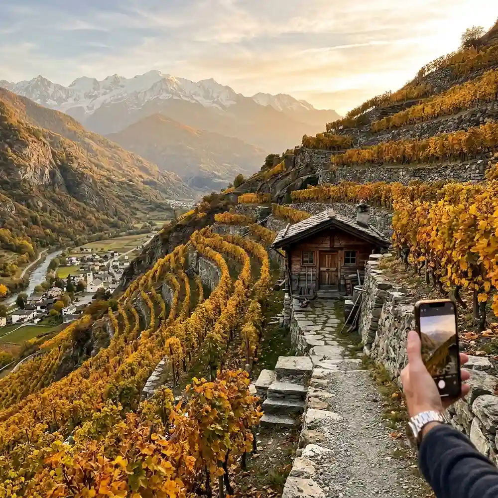Terrazzamenti coltivati a vite a ridosso delle Alpi